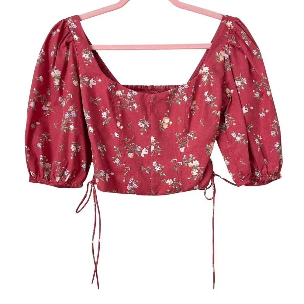 Abercrombie & Fitch Top Womens XS Pink Floral Puff Sleeve Crop Lace Up Smocked